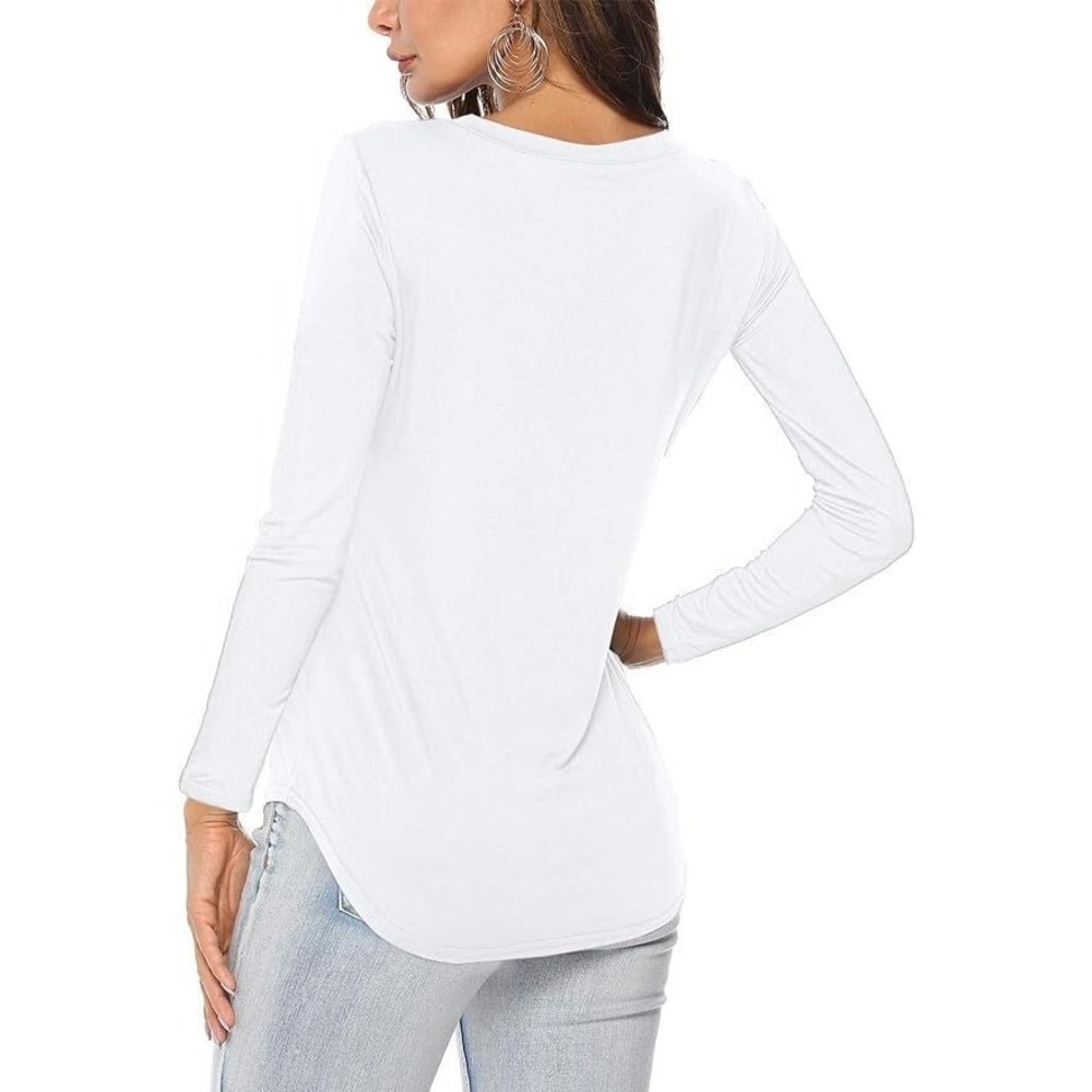 Amoretu‎ Women's Polyester V-Neck Long Sleeve Basic Tunic Tee T-Shirt - White L - Picture 2 of 2